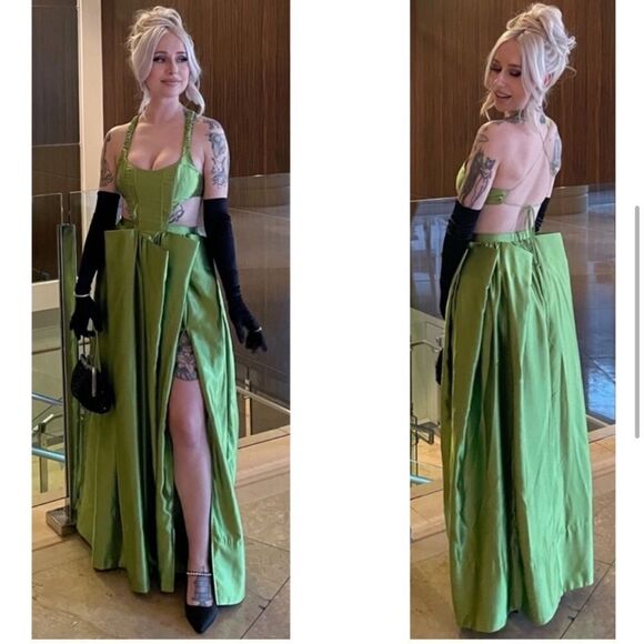 NEW For Love and Lemons Virginia Exaggerated Pleated Cutout Maxi Dress Green Med - Picture 3 of 10